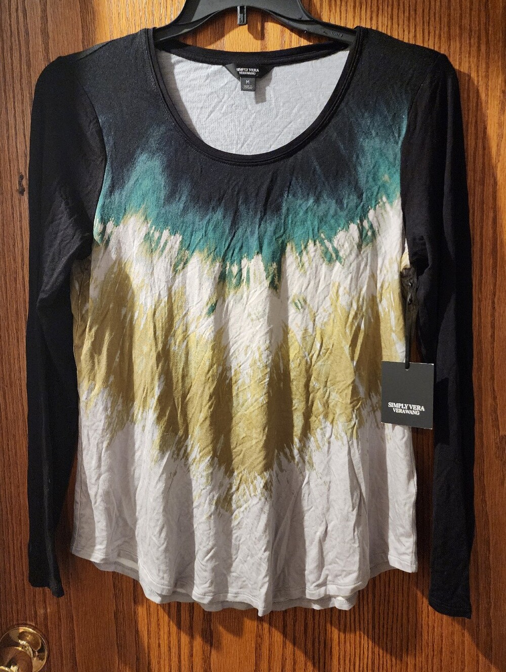 Simply Vera Vera Wang Black, Green & Cream Tie-Dye Long Sleeve Top M NWT